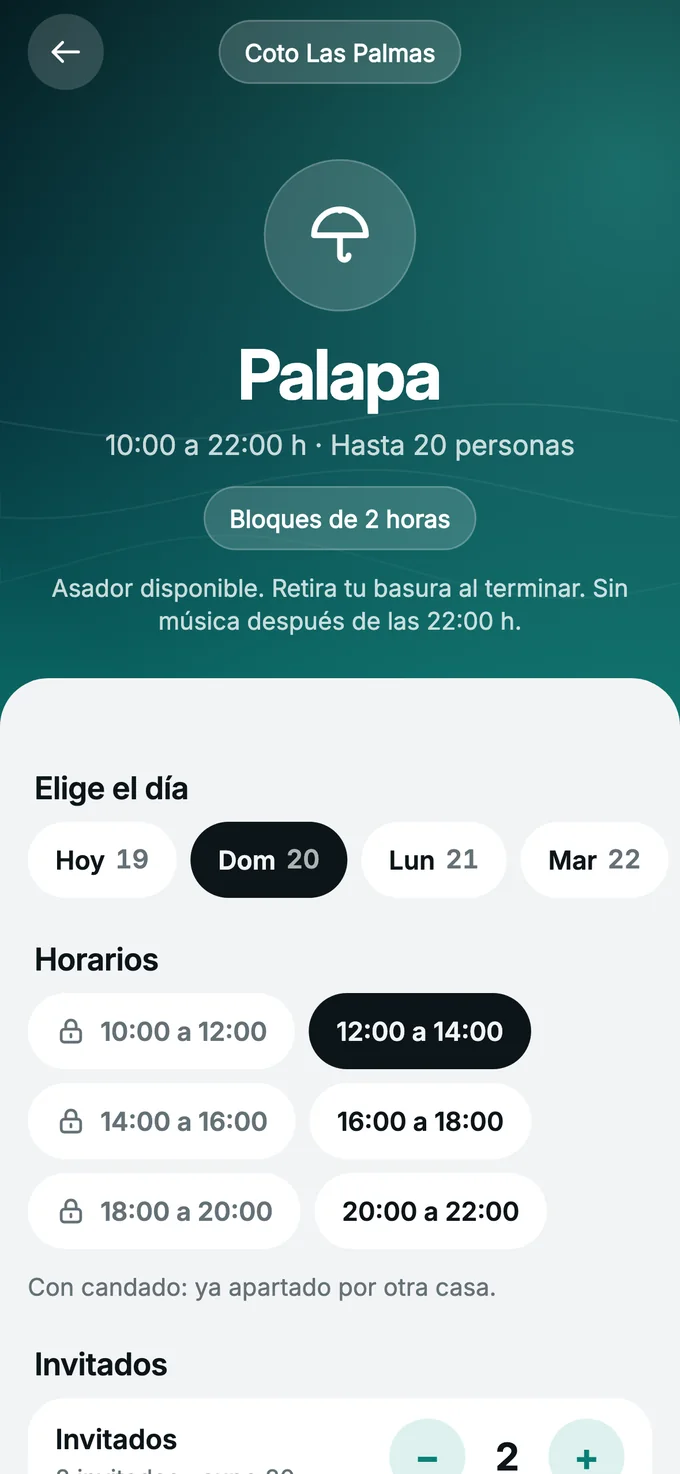 Reserva de una amenidad con su horario